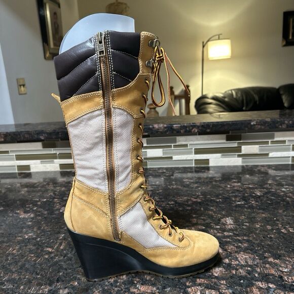 Timberland Womens Size 8 Wheat Tan Leather Lace Up Wedge Boots Tall 14.5” 23617M - Picture 6 of 16
